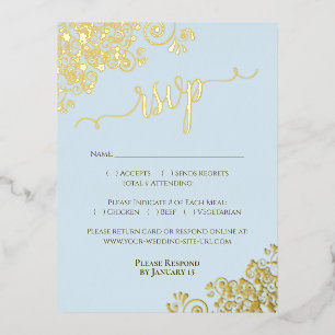 Eleganter Goldfilm auf Light Blue Wedding RSVP Car Folie Einladungspostkarte