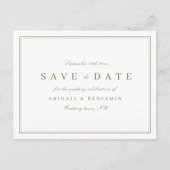 Eleganter GoldklasseMinimalist Save the Date Ankündigungspostkarte (Vorderseite)