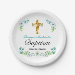 Eleganter Goldkreuz Blauer Taufe Pappteller