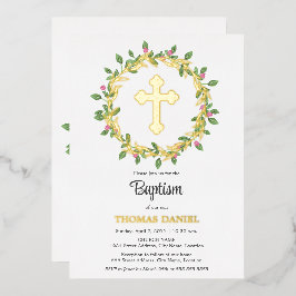 Eleganter Goldkreuz Taufe Blumenreath Folieneinladung