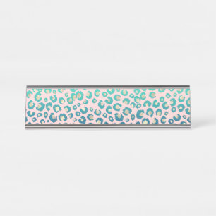 Eleganter Goldleopard-Druck Blauer Minzgrat Rosa Schreibtischnamensplakette