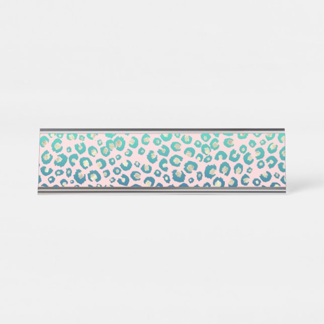 Eleganter Goldleopard-Druck Blauer Minzgrat Rosa Schreibtischnamensplakette (Vorderseite )