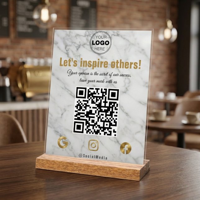 Eleganter Goldmarmor Moderner Geschäft- QR-Code Acrylschild (Elegant Marble & Gold Social Media QR Code Sign for Business)