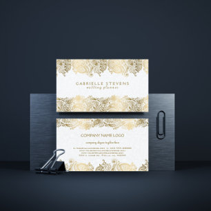 Eleganter Goldpaisley auf weißem Hochzeitsplaner Visitenkarte