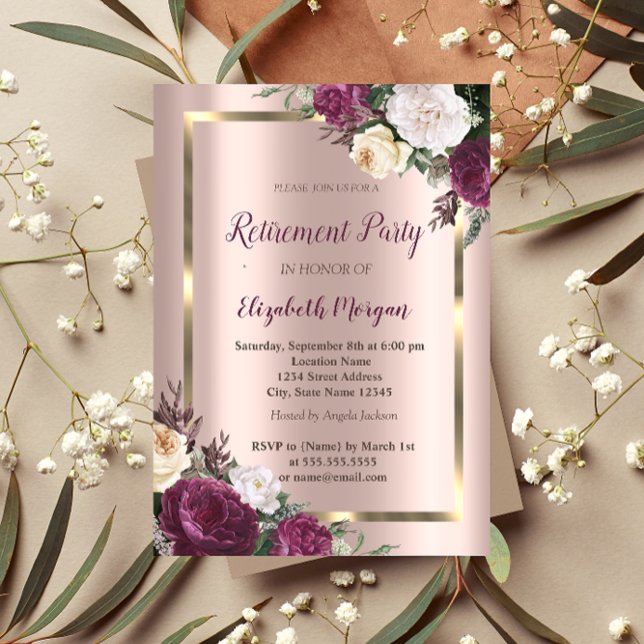 Eleganter Goldrahmen, Rose Gold Burgundy Rente Einladung (Von Creator hochgeladen)
