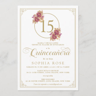 Eleganter Goldrahmen und Burgund Rose Quinceanera Einladung