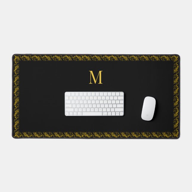 Eleganter Goldrahmen und Monogramm auf schwarz Schreibtischunterlage (Tastatur & Maus)