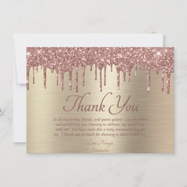 Eleganter Goldrausch Rosa Glitzer Tropfen Geburtst Dankeskarte (Vorderseite)
