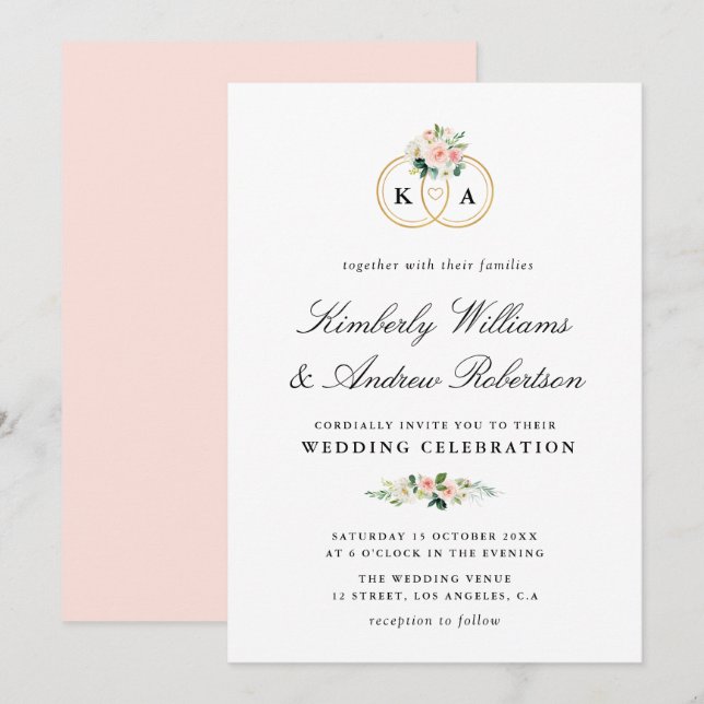 Eleganter Goldring Rosa Blütenhochzeit Einladung (Vorne/Hinten)