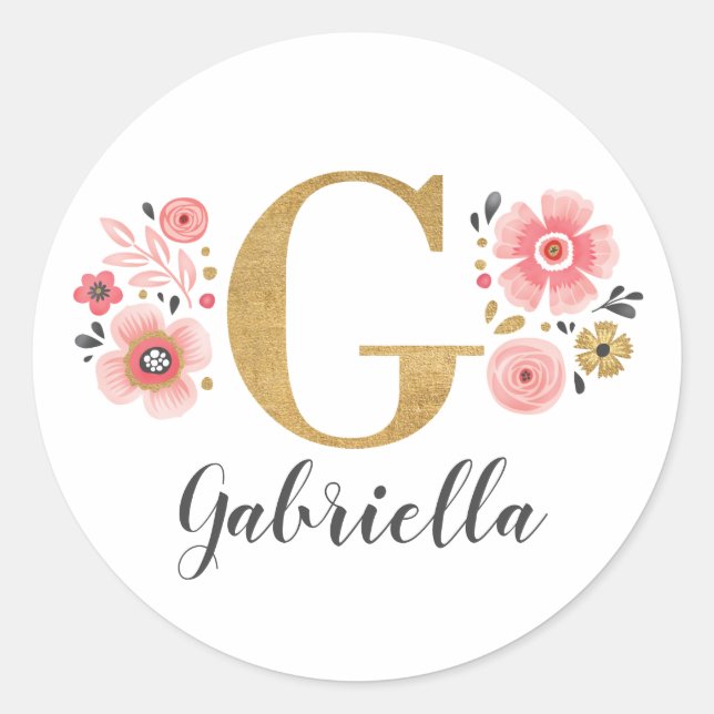 Eleganter goldrosa florale Monogramm Anfangsbuchst Runder Aufkleber (Vorderseite)