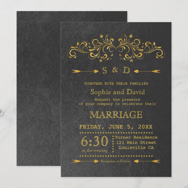 Eleganter Goldschmied Blüh Black Wedding Einladung (Vorne/Hinten)