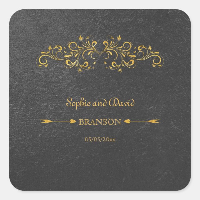 Eleganter Goldschmied Blüh Black Wedding Quadratischer Aufkleber (Vorderseite)