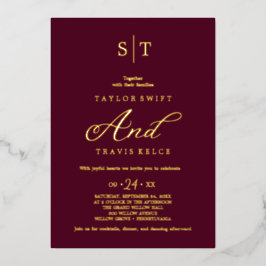 Eleganter Goldschmied | Burgundy Monogram Wedding Folieneinladung