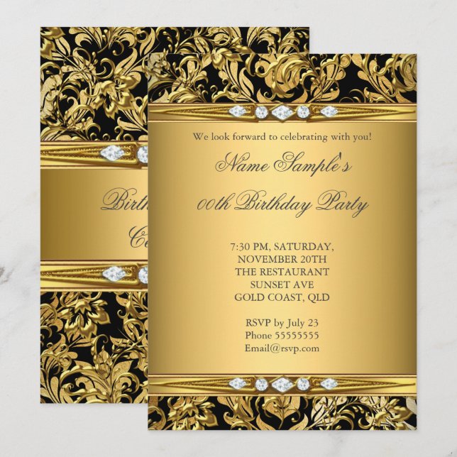 Eleganter Goldschmied Damask Black Diamond Geburts Einladung (Vorne/Hinten)