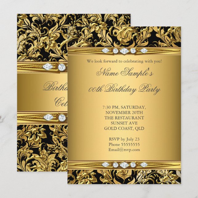 Eleganter Goldschmied Damask Black Diamond Geburts Einladung (Vorne/Hinten)