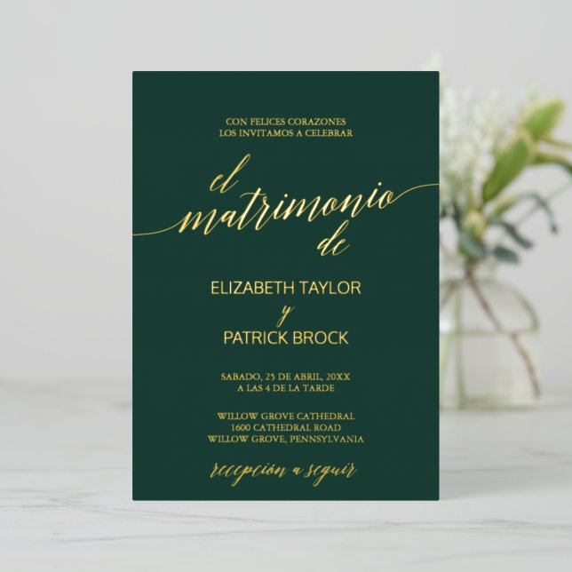 Eleganter Goldschmied | Emerald Green Spanish Wedd Folieneinladung (Stehend vorne)