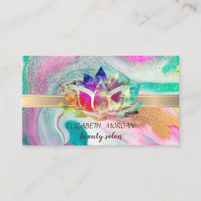 Eleganter Goldstreifen-Confetti, Regenbogen-Lotus, Visitenkarte (Vorderseite)