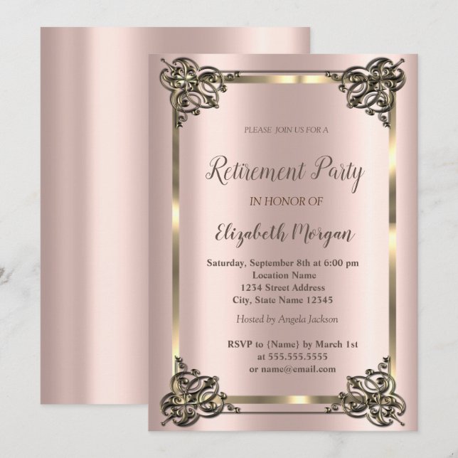 Eleganter Golflorrahmen, Rose Gold Retirement Inv Einladung (Vorne/Hinten)