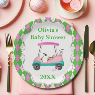Eleganter Golfwagen bereit für Baby-Party Pappteller