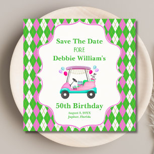 Eleganter Golfwagen bereit für den Geburtstag eine Save The Date
