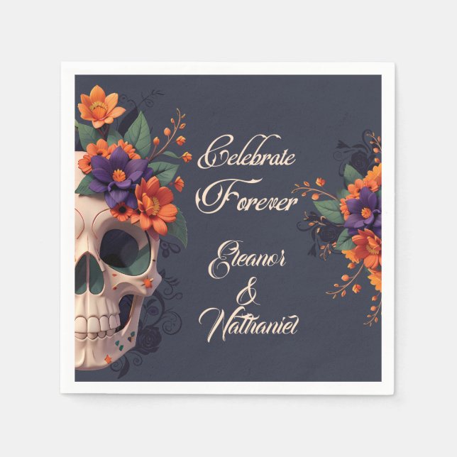 Eleganter Gothic 3D Floral Skull Cocktail Serviette (Vorderseite)
