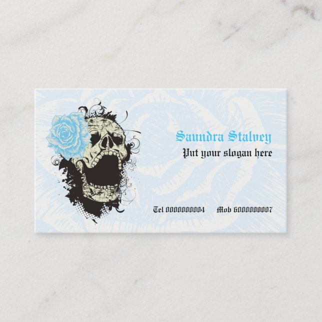 Eleganter Gothic-Grunge-Schädel & Blau-Rose Visitenkarte (Vorderseite)