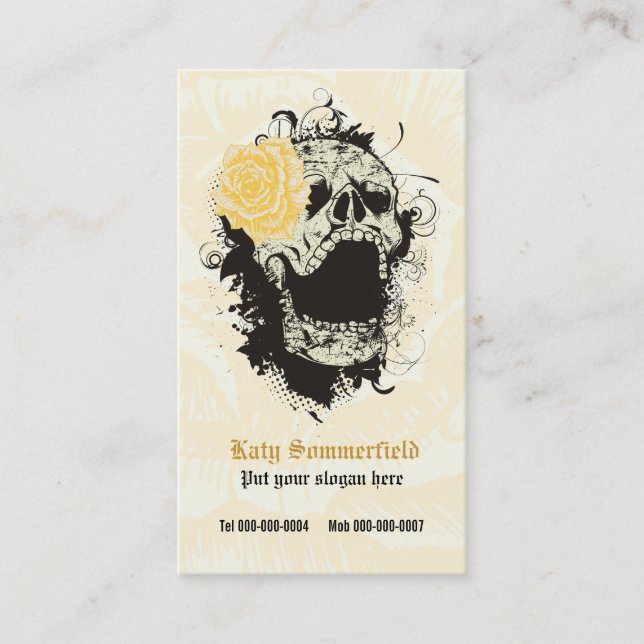 Eleganter Gothic-Grunge-Schädel & gelbe Rose-Brust Visitenkarte (Vorderseite)