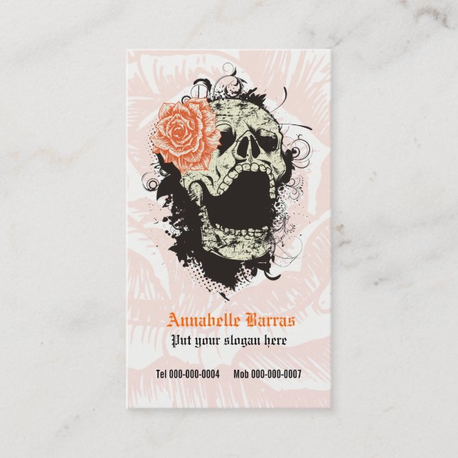 Eleganter Gothic-Grunge-Schädel & Orange-Rose Visitenkarte (Vorderseite)