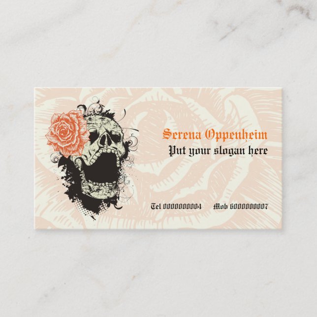 Eleganter Gothic-Grunge-Schädel & Orange-Rose Visitenkarte (Vorderseite)