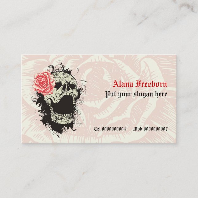 Eleganter Gothic-Grunge-Schädel und rote Rose Visitenkarte (Vorderseite)