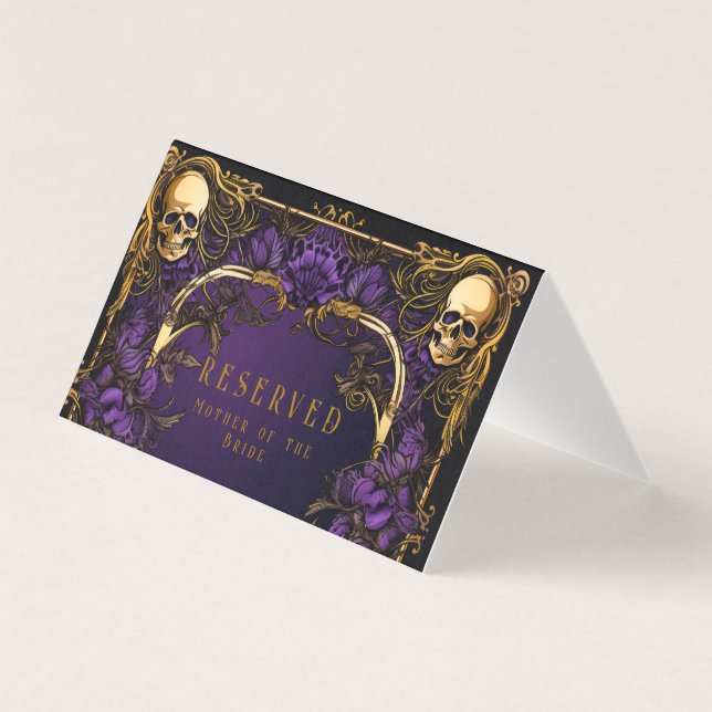 Eleganter Gothic Skull & Rose Hochzeit Platzkarte (Vorderseite)