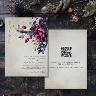Eleganter Gothic Watercolor Floral QR Code Hochzei Einladung