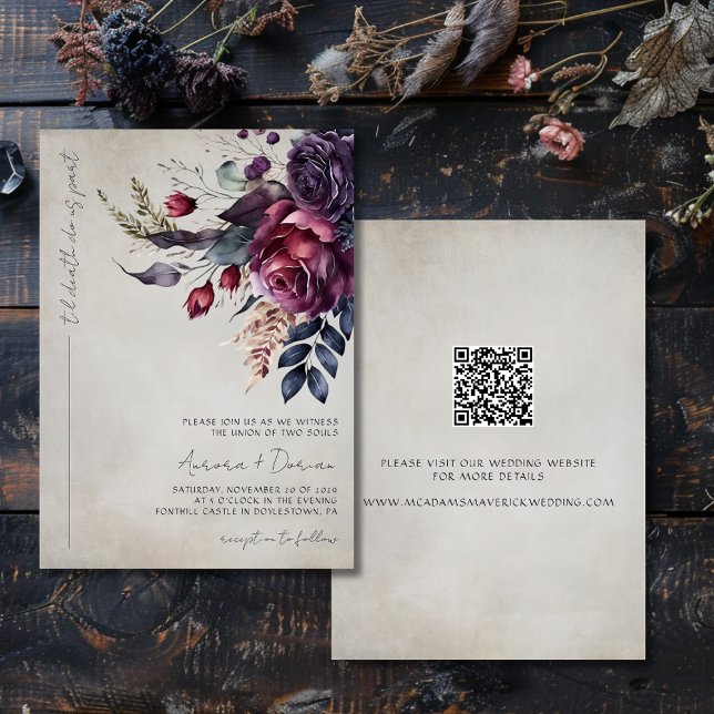 Eleganter Gothic Watercolor Floral QR Code Hochzei Einladung (Von Creator hochgeladen)