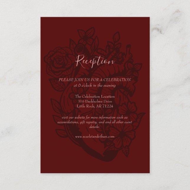 Eleganter Gothic Wedding Blood Red Floral Empfang Begleitkarte (Vorderseite)