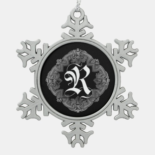 Eleganter gothischer Anfangsbuchstabe R-Schneefloc Schneeflocken Zinn-Ornament (Vorderseite)