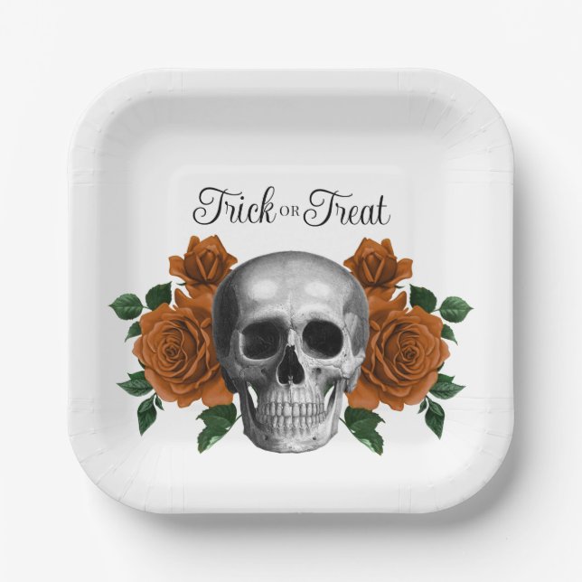 Eleganter Gothischer Floraler Totenkopf-Süßes-oder Pappteller (Vorderseite)