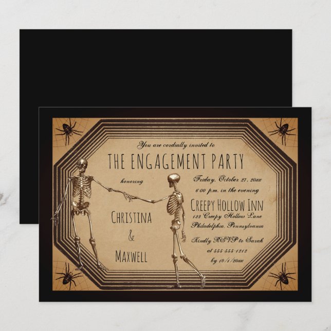 Eleganter gotischer Deko Skeletons Engagement Part Einladung (Vorne/Hinten)