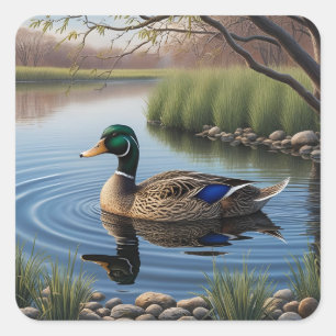 Eleganter Graceful Mallard auf einem ruhigen Lands Quadratischer Aufkleber