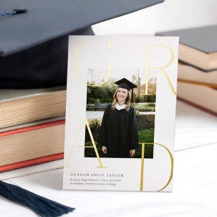 Eleganter GRAD Foto Abschluss Weiß + Gold Folieneinladung