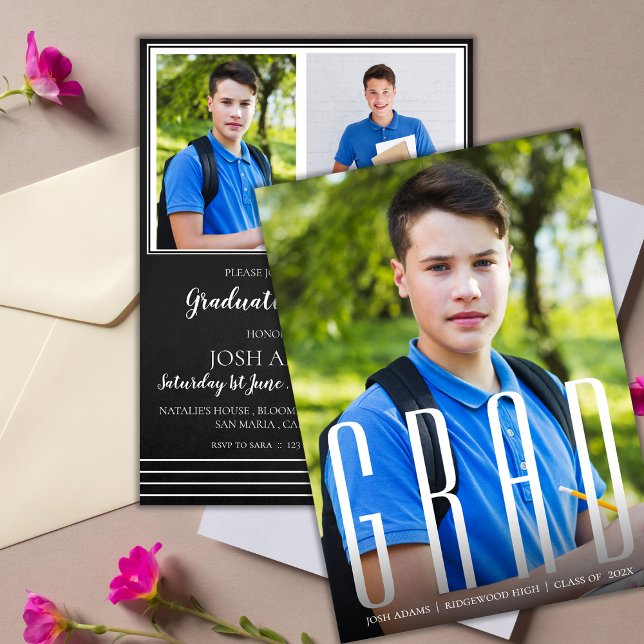 Eleganter GRAD Typografie Multi-Foto-Abschluss Einladung (Modern Multi Photo GRAD Typography Graduation Invitation)