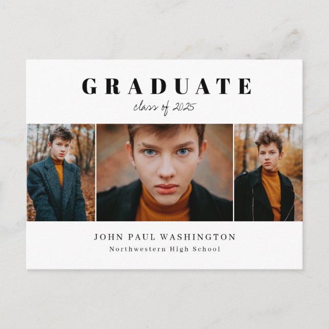 Eleganter Graduate Modern Simple 3 Foto Abschluss Ankündigungspostkarte (Vorderseite)