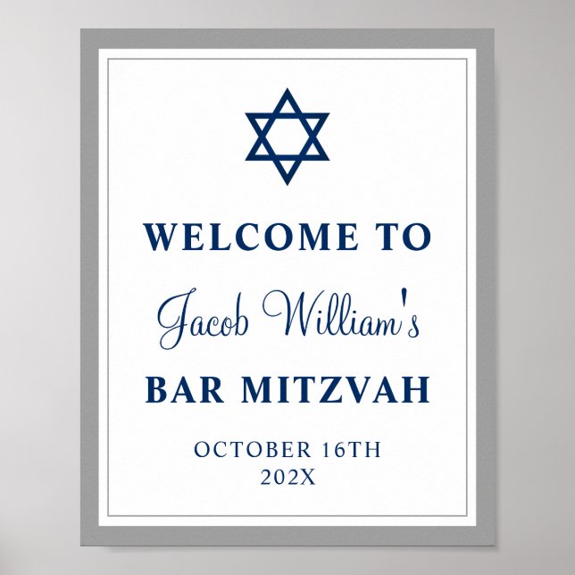 Eleganter Grau und Navy Blue Bar Mitzvah Willkomme Poster (Vorne)