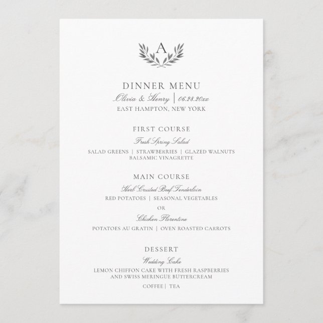 Eleganter, grau-weißer Empfang Danke & Hochzeit Menükarte (Vorderseite)