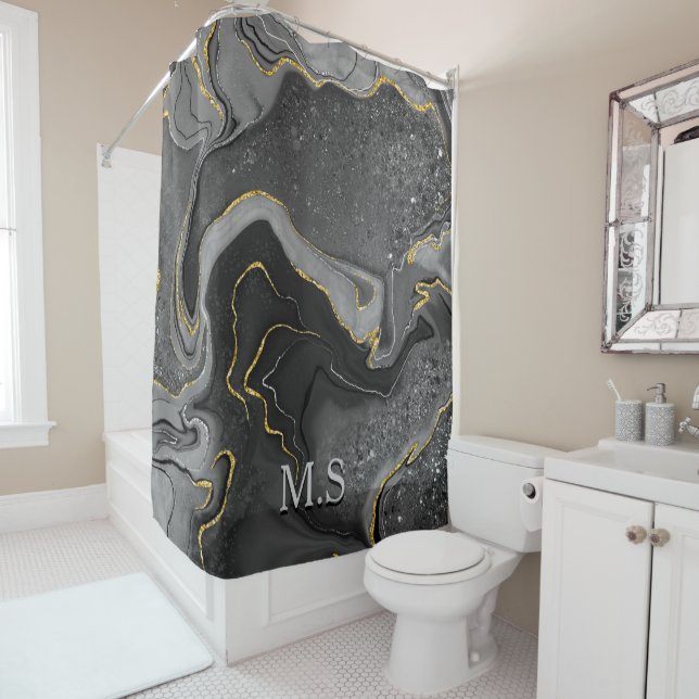 Eleganter grauer Marmor Imitat Gold Glitzer Duschvorhang (Beispiel)