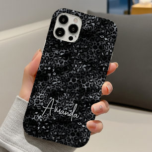 Eleganter grauer schwarzer Leopardenprint-Monogram iPhone 16 Hülle