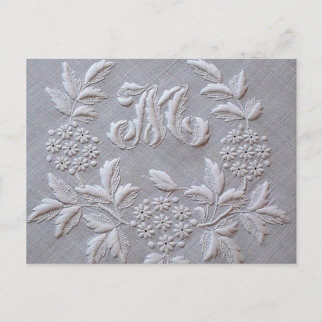 Eleganter grauer Stickereibuchstabe Floral Monogra Postkarte (Vorderseite)