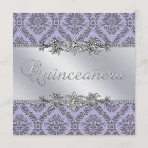 Eleganter grauer und lila Damast Quinceanera Einladung