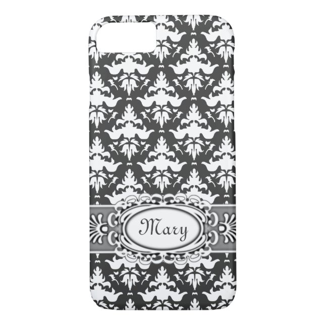 Eleganter grauer und weißer Damast Case-Mate iPhone Hülle (Rückseite)