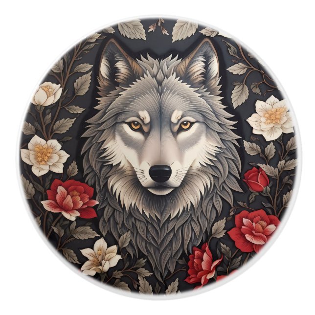 Eleganter Grauwolf-Blumenmuster Keramikknauf (Vorderseite)
