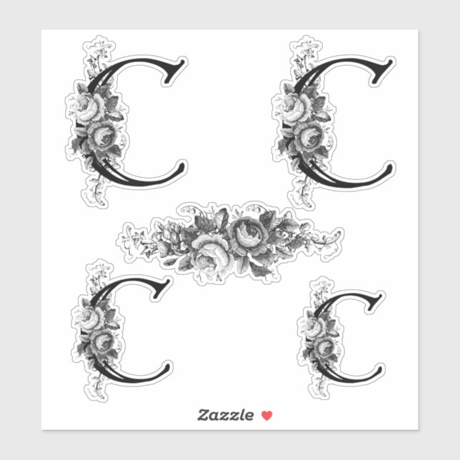 Eleganter, gravierter Floral Monogramm Letter C Aufkleber (Blatt)